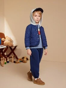 PrepCrw Young Boys Academy Style Navy Blue Knit Hoodie, 2 In 1 Long Sleeve Padded Coat, Back To School Coats - Blue - View 6