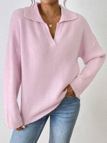 SHEIN Essnce 纯色翻领长袖简约毛衣，休闲日常穿着