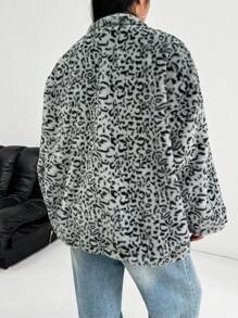 SHEIN EZwear 大码女式豹纹毛绒夹克，适合秋冬季 - 灰色 - 查看 2