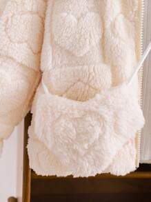 适合秋冬季的年轻女孩心形图案长袖拉链前羊毛连帽休闲夹克 - 米色 - 查看 7