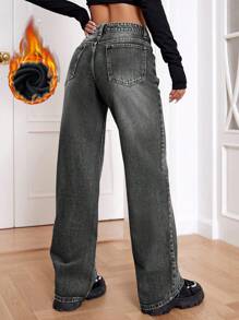 SHEIN EZwear Quần denim ống rộng thường ngày có túi rộng rãi cho nữ, chất liệu denim dày - màu đen - Xem 2