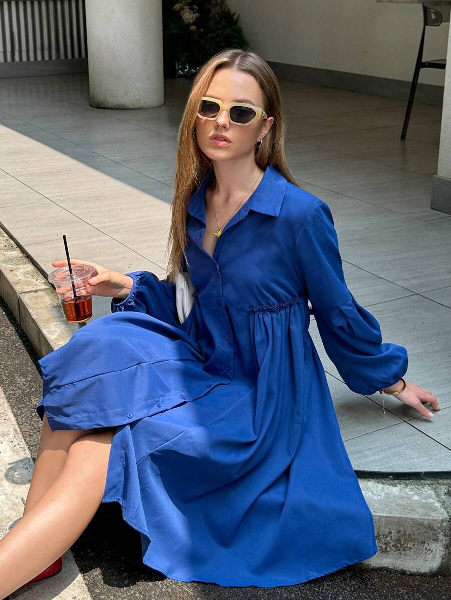 INAWLY 女士纯色灯笼袖宽松休闲衬衫裙，春夏返乡节连衣裙 - 藏蓝色 - 查看 1