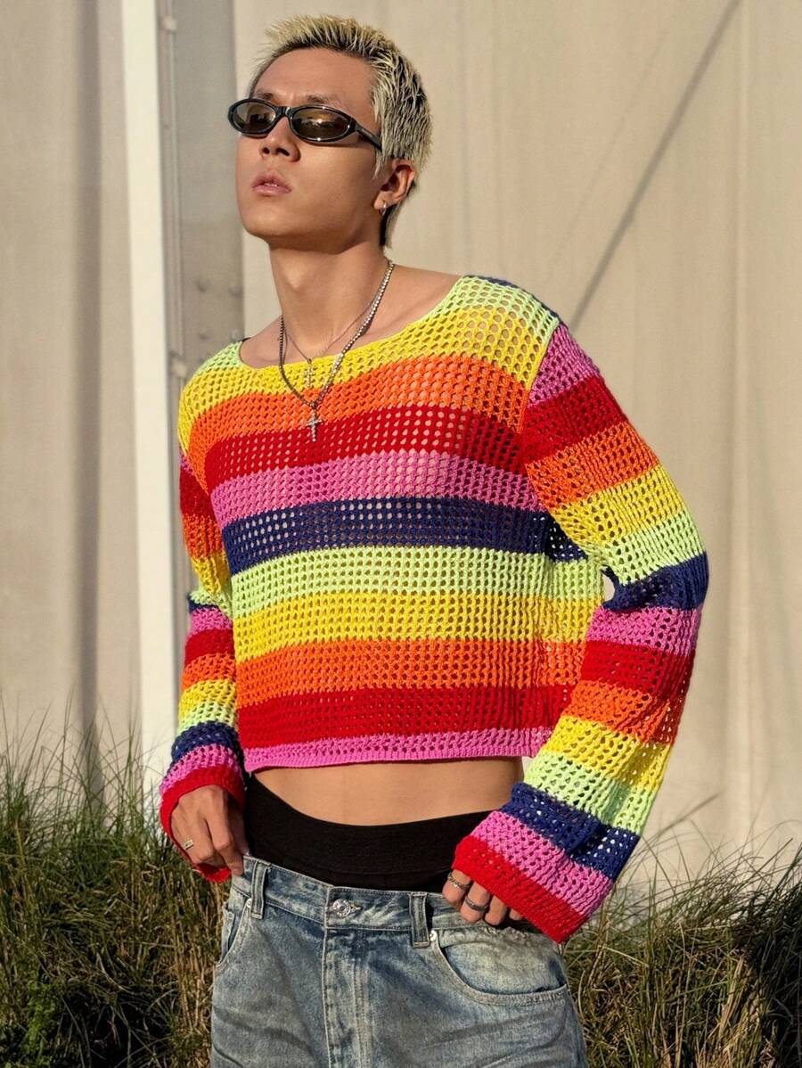 Manfinity VCAY 1 件男士 Y2K 趣味休闲高街复古风格彩色短款毛衣秋季万圣节毛衣，冬季 - 彩色 - 查看 1