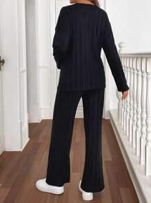 SHEIN Maternity 2pcs/Set Solid Color Round Neck Long Sleeve T-Shirt And Adjustable Waist Pants Casual Outfit, Autumn - Black - View 2