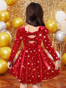 SHEIN Young Girl Elegant Backless Bow Puffed Sleeve Velvet Holiday Red Dress, Sizes 9, 2', For Christmas