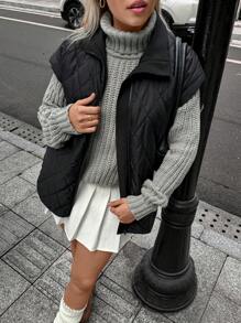 SHEIN Unity Femmes Manteau rembourré à manches courtes, zipper avant, couleur unie, vêtements décontractés pour l'hiver et l'automne