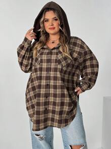 SHEIN CURVE+ 大码女式格子印花抽绳连帽外套，秋装 - 彩色 - 查看 9