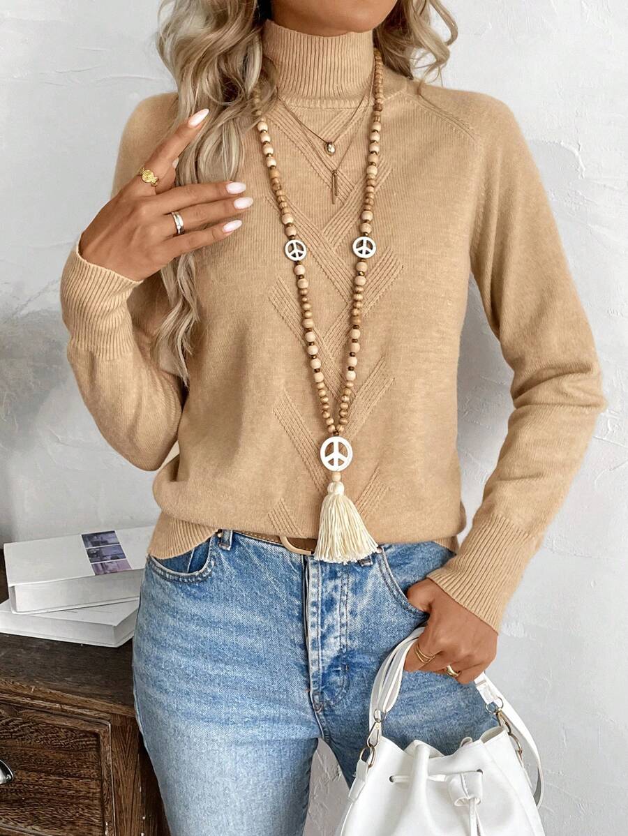 EMERY ROSE 女士休闲纯色高领毛衣，秋冬 - 駝色 - 查看 1