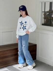 2pcs Set Tween Girl Printed Sweatshirt & Straight Leg Jeans - White - View 4