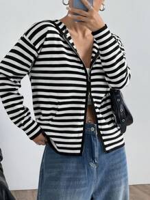 SHEIN Unity Autumn Casual Color Block Striped Front Zipper Hoodie Cardigan - Black and White - View 4
