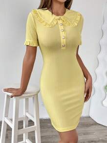 SHEIN Essnce Bequemes einfarbiges gestricktes Minikleid mit Peter-Pan-Kragen und Kurzarm für Damen - Gelb - Übersicht 1
