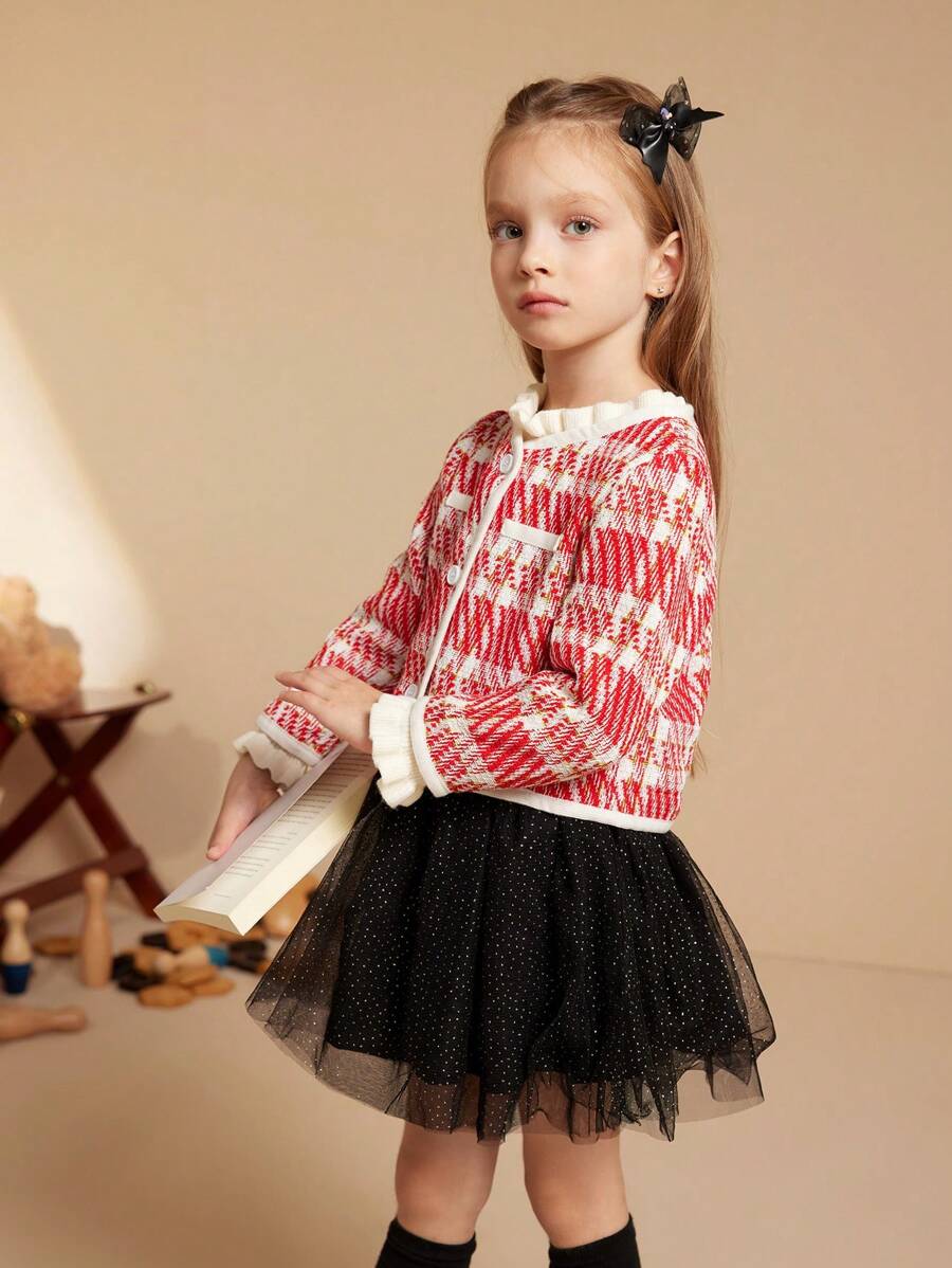 PrepCrw Young Girl Casual Plaid Print Button Front Round Neck Coat For Autumn - Red - View 1