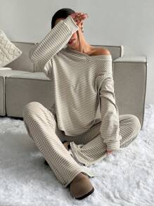 Flirla 2 件套女式休闲条纹上衣和裤子，毛绒面料 - 彩色 - 查看 3