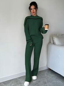 Elenzga Stand Collar Color Block Trim Long Sleeve Sweater Top And Long Pants 2 Pieces Set Fall Winter Cloth For Women