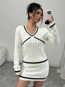 Elenzga 2pcs Women Contrast Color V-Neck Long Sleeve Sweater And Knit Midi Skirt Casual Outfit, Autumn/Winter - White - View 4