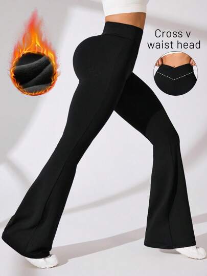 Eassivo Eassivo 纯色弹力腰 V 腰喇叭形羊毛瑜伽裤，适合瑜伽练习