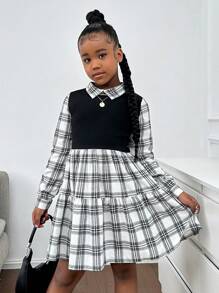 SHEIN Leap Crew Tween Girls Casual Street Style Black & White Plaid Patchwork Ruched Flared Hem Collar Long Sleeve Dress, Suitable For Autumn/Winter - Black - View 5