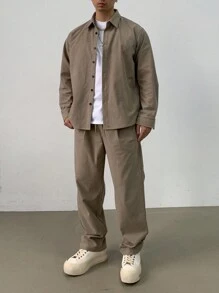 DAZY Men's Casual Solid Color Button-Front Shirt And Pants Set, Autumn - Grey - View 1