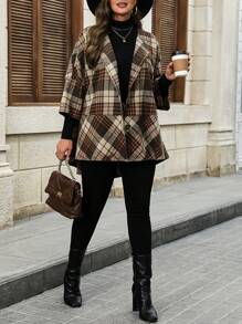 Calvaya Plus Size Ronde Hals Geruite Patchwork Casual Jas