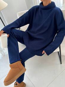 EURMUSE Set 2 buc. Pulover cu mâneci lungi cu guler roscat si pantaloni, tinuta casual - Albastru marin - Vizualizare 2