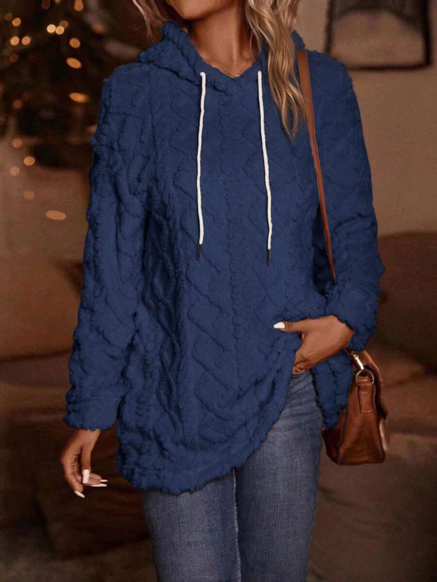 EMERY ROSE 女士纯色长袖抽绳连帽休闲卫衣，秋季套头衫 - 藍色 - 查看 1