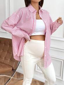 SHEIN Áo sơ mi dài tay in sọc cho bà bầu cài nút phía trước - Hồng - Xem 3
