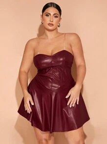 SHEIN BAE 大码女式纯色 PU 皮革荷叶边下摆露肩连衣裙，适合新年、圣诞节、生日派对场合 - 酒紅色 - 查看 5