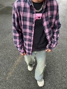 Manfinity VCAY 1 件男式华丽服装趣味休闲宽松时尚高街复古风格编织万圣节图案裤子返校秋季服装网格图案长袖衬衫