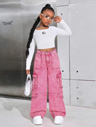 SHEIN Tween Girls Y2K 粉色石洗高腰翻盖口袋宽松直筒工装牛仔裤