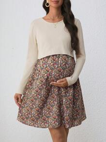 SHEIN 孕妇碎花圆领长袖休闲哺乳连衣裙，适合秋季 - 杏色 - 查看 6