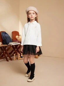 PrepCrw 年轻女孩卡通贴花前扣彼得潘领长袖衬衫 - 白色 - 查看 4