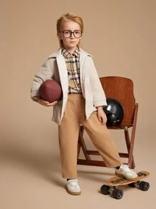SHEIN Young Boys Khaki Color Woven Lapel Windbreaker Jacket, Winter - Khaki - View 6