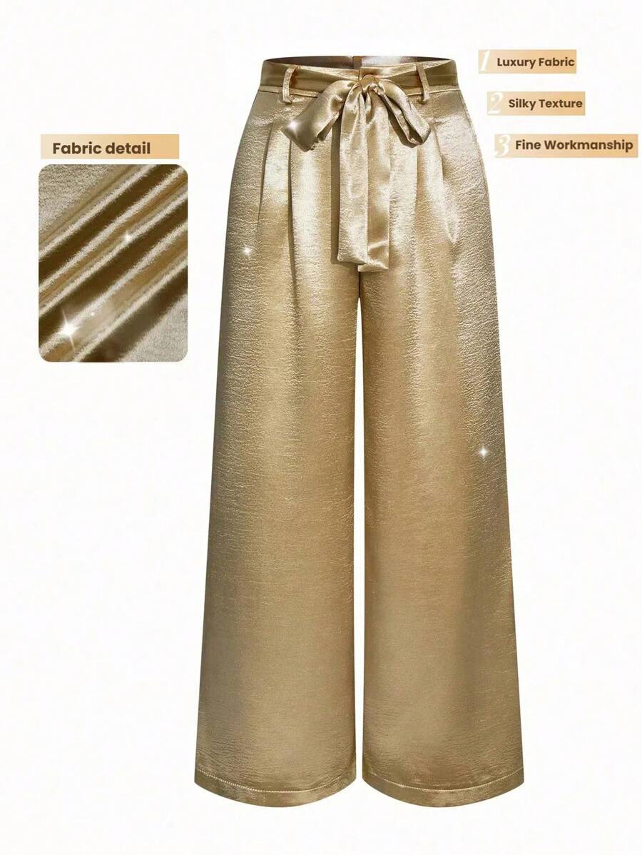 SHEIN Clasi 纯色腰带配口袋直筒西裤 - 金色 - 查看 1