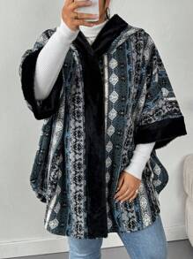 SHEIN CURVE+ Plus Geo Print Hooded Batwing Sleeve Coat - Black - View 6