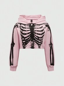 ROMWE Grunge Punk Áo nỉ trùm đầu in hình đầu lâu xương sọ cỡ lớn - Hồng - Xem 1