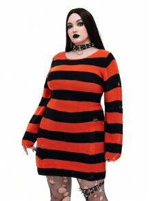 Whyspr Goth Punk Plus Size Women's Popular Dark Punk Goth Style Casual Soft Comfy Striped Ripped Punk Style Knit Sweater Dress - Orange - View 7