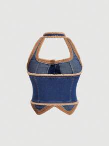 SHEIN MOD Plus Size Casual Sexy Denim Vest With Fringe Trim Winter Clothes Cowgirl Costume Fleece Jacket