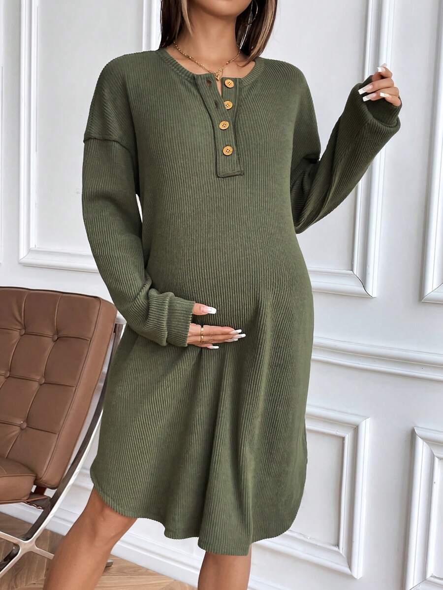 SHEIN Dropped Shoulder Round Neck Button Front Maternity Long Sleeve Dress, Autumn Ladies Dress - Green - View 1
