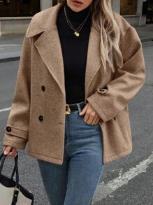 SHEIN LUNE 女士休闲复古双排扣宽松大衣，秋季 - 摩卡棕 - 查看 3