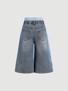 SHEIN Quần jeans ống rộng dáng boyfriend kẻ sọc xanh nhạt cho bé gái tuổi teen, thời trang thu đông. - Rửa trung bình - Xem 2