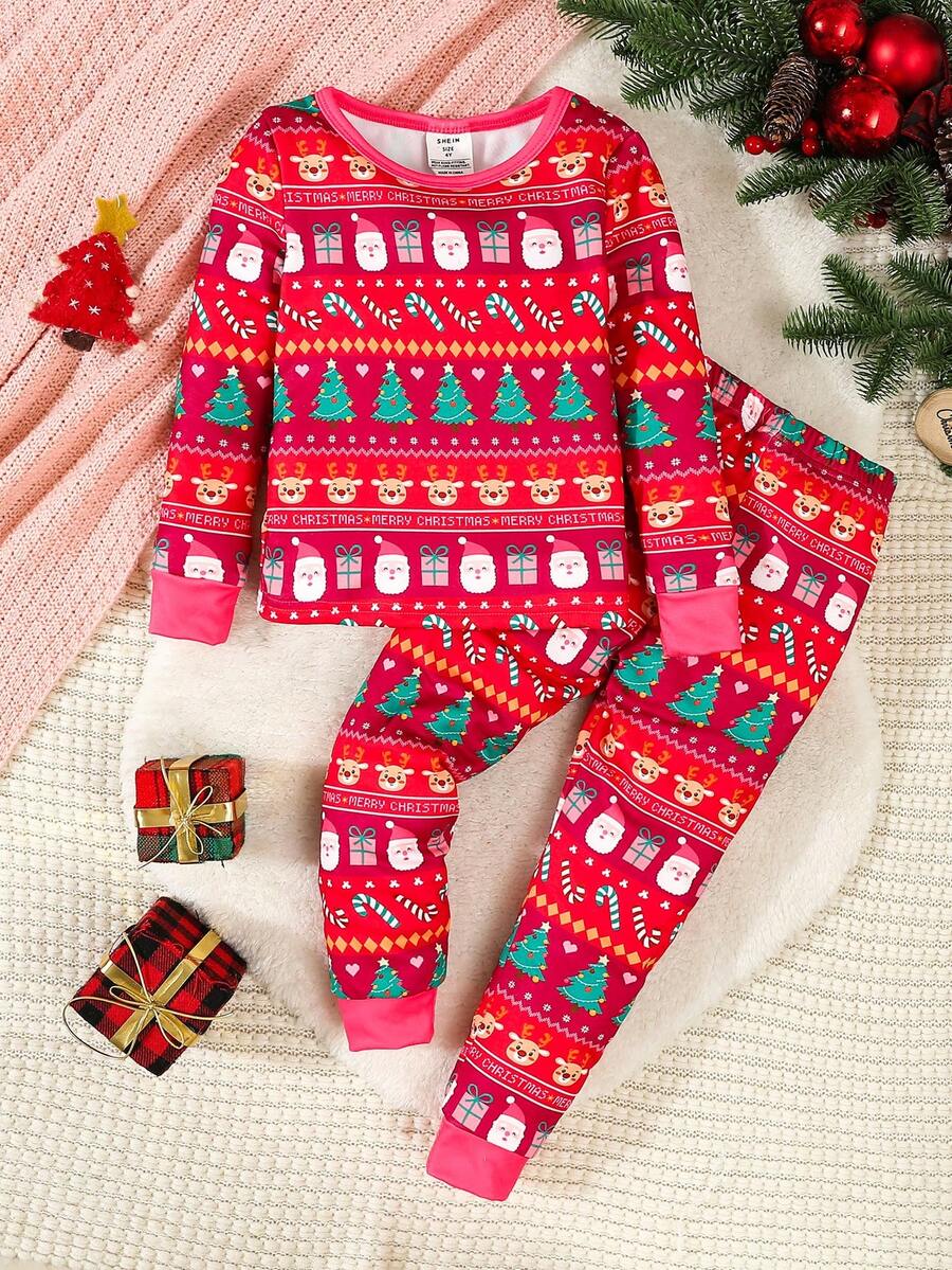 Bộ đồ ngủ 2 món họa tiết cây thông Noel và hươu cho bé gái - Đỏ - Xem 1