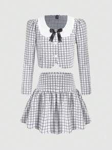 SHEIN MOD 2pcs/Set Collar Long Sleeve Bow Cropped Jacket & A-Line Mini Skirt,Winter Women Sets,Women Skirt Set,Fall Two Pieces Sets,Office Wear Women Set,Back To School Clothes