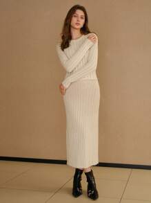 MOTF STUDIO 纯色罗纹针织毛衣 & 针织裙套装 - 杏色 - 查看 7
