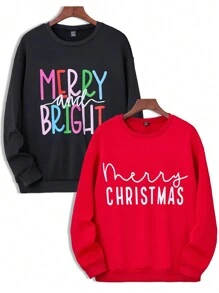 Men's Crew Neck Pullover Sweatshirt, Thermal Lined, Casual Loose Fit, Street Style, Multi-Color Letter Print, White Letter Graphic, Christmas Vibe "MERRY MERRY CHRISTMAS", Suitable For Family Matching, Black, Red, Fun Graphic, Autumn/Winter - Multicolor - View 1