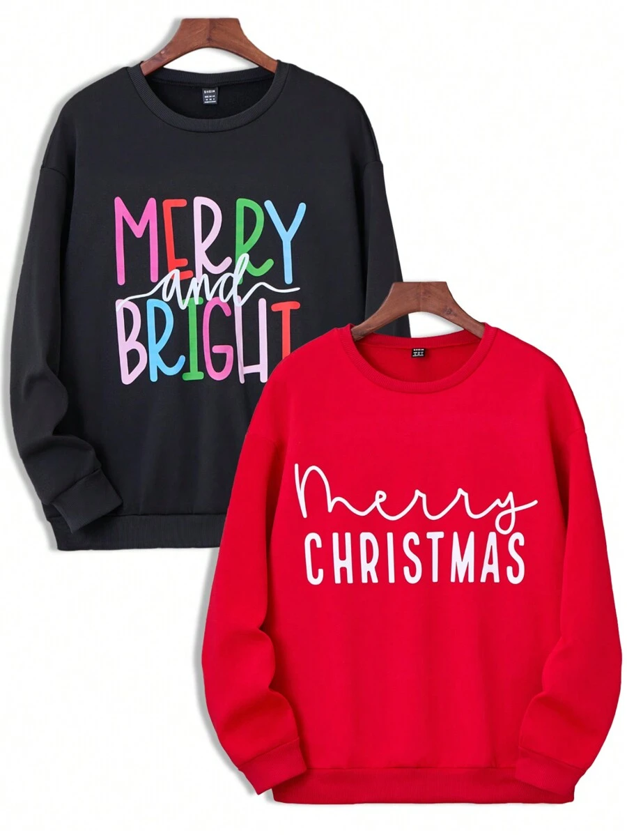 Men's Crew Neck Pullover Sweatshirt, Thermal Lined, Casual Loose Fit, Street Style, Multi-Color Letter Print, White Letter Graphic, Christmas Vibe "MERRY MERRY CHRISTMAS", Suitable For Family Matching, Black, Red, Fun Graphic, Autumn/Winter - Multicolor - View 1