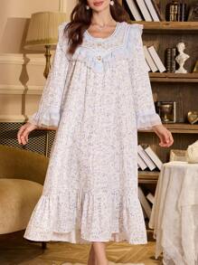 Embellished Lace Patchwork Floral Print Women Nightgown - Multicolor - View 6