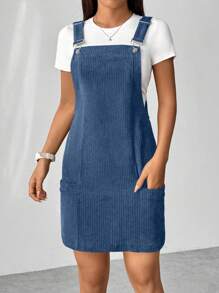Flirla Women's Simple Casual Summer Corduroy Suspender Dress With Dual Pockets - Blue - View 4