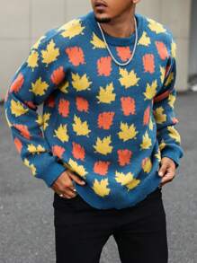 Manfinity Homme Plus Size Men's Fall Casual Loose Fit Maple Leaf Pattern Drop Shoulder Sweater