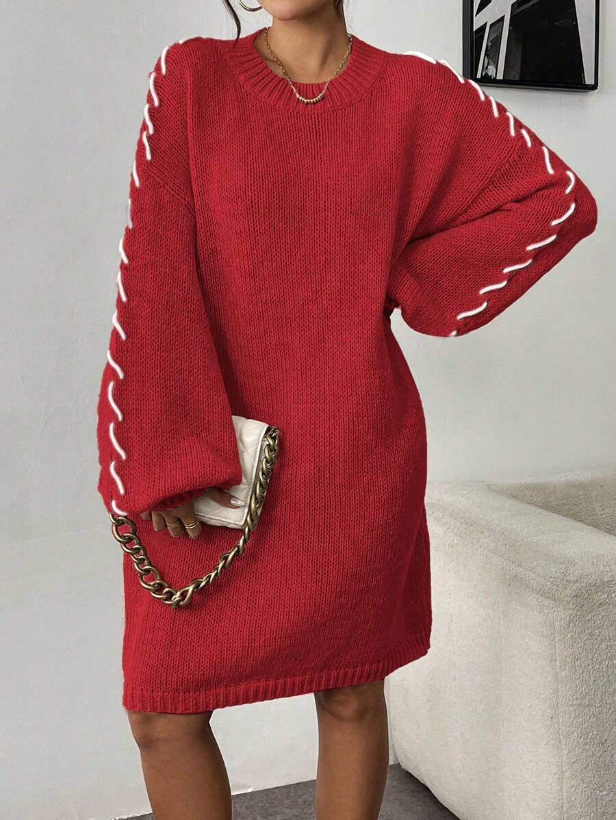 Chiquease Mock Necked Casual And Slouchy Women's Sweater Dress With Button Rope Design - Red - View 1