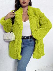 Calvaya Plus Size Effen Kleur Fluffy Kraag Lange Mouw Thermische Jas, Herfst/Winter